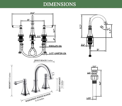 Technical drawing of Chrome Dope Two Handle 8 Inch Widespread Bathroom Sink Faucet With Pop Up Drain For 3 Holes High Arc Vanity Tap Brass