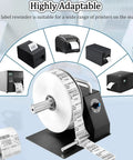 Heavy Duty Adjustable Speed Label Rewinder Machine For Fast Tape And Sticker Reuse shown with various compatible printers.