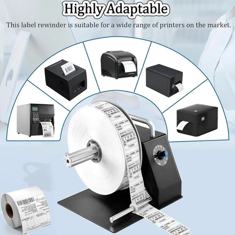 Heavy Duty Adjustable Speed Label Rewinder Machine For Fast Tape And Sticker Reuse shown with various compatible printers.