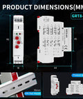 Industrial Delay Timer Relay 16A On Off Control For AC DC 12-240V With Ten Modes, size dimensions and DIN rail mount display.