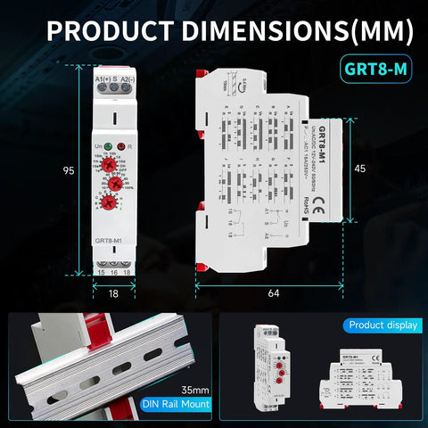 Industrial Delay Timer Relay 16A On Off Control For AC DC 12-240V With Ten Modes, size dimensions and DIN rail mount display.
