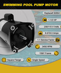 Beefy 1.5 HP Pool Pump Motor Single Speed Square Flange Direct Replacement Fits Pentair Whisperflo StaRite And AOSmith Century B2854 B854 Models 230 Or 115 Voltage clearly showing the motor specifications.
