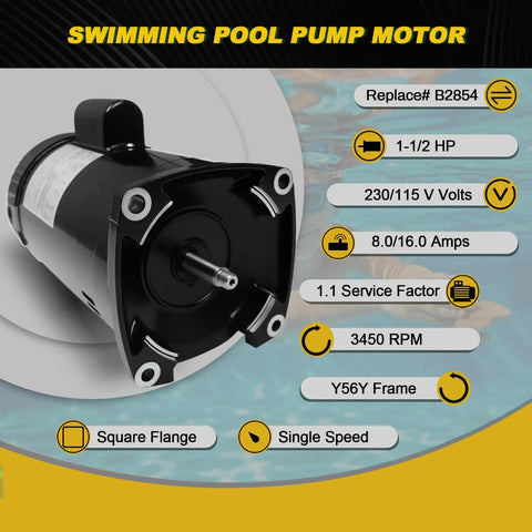 Beefy 1.5 HP Pool Pump Motor Single Speed Square Flange Direct Replacement Fits Pentair Whisperflo StaRite And AOSmith Century B2854 B854 Models 230 Or 115 Voltage clearly showing the motor specifications.