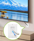 Brush Wall Plate for Cable Pass Through, Single Gang, 2 Pack, White, In Wall Cable Management for TV Mounts, Hide Cords Cleanly, Fits Most Mount Brackets, Discreet Casing for Home Entertainment Cables. White brush wall plate behind TV hides HDMI and ethernet cables.