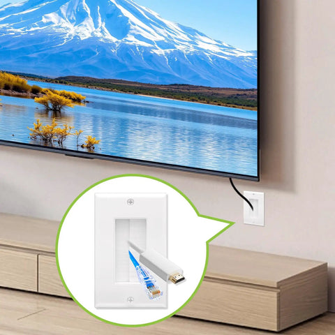Brush Wall Plate for Cable Pass Through, Single Gang, 2 Pack, White, In Wall Cable Management for TV Mounts, Hide Cords Cleanly, Fits Most Mount Brackets, Discreet Casing for Home Entertainment Cables. White brush wall plate behind TV hides HDMI and ethernet cables.