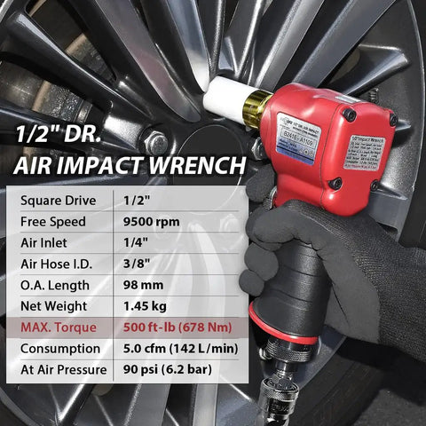 1/2 Inch Mini Air Impact Wrench With Twin Hammer For One Hand Operation, Lightweight Vacuum Uptake Design in use on car wheel