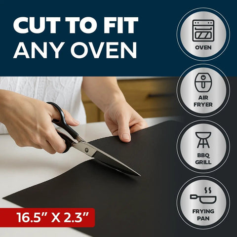 Person cutting Nonstick Oven Protector Mat For Any Oven, Heavy Duty Oven Rack Liner, Trim To Fit 16.5 By 23 Inches, BPA Free