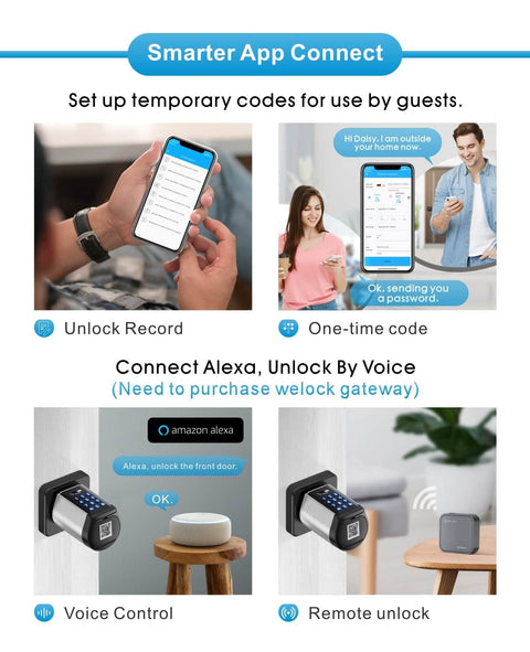 Smarter app connect features of Deadbolt Smart Bluetooth Door Lock With Keyless Entry And Keypad, app, voice, and remote unlock.