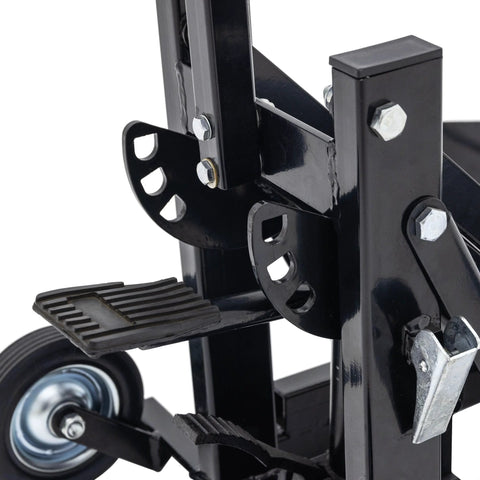 Zero-turn lawn mower lift jack, black steel with foot pedal, bolted brackets and pivot arms.