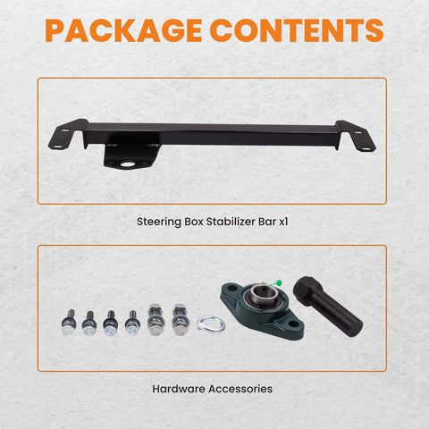 Package contents of Steering Box Brace for 2003-2008 Dodge Ram 2500 3500 4WD showing stabilizer bar and hardware accessories.