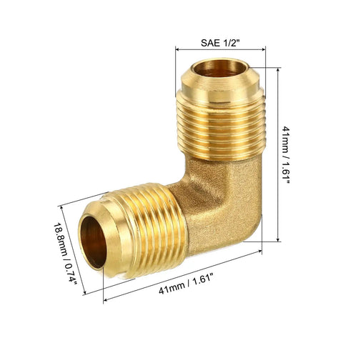 One Half Inch Brass Pipe Fittings Set Of 2 Heavy Duty Flare 90 Degree Elbow Connectors For Air Conditioning Refrigeration And Plumbing Premium SAE Threads For Copper Pipe, showing dimensions and thread size.