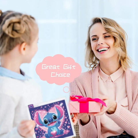 Child gifting a Starter Friendly Diamond Art Painting Kit to a smiling woman, showcasing a 6x6 inch cute heart cartoon design.