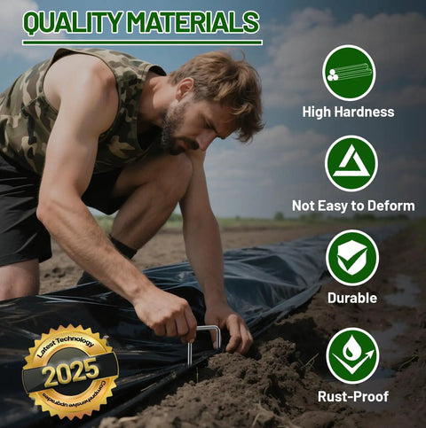 Man using 52 Pack 6 Inch Heavy Duty 11 Gauge Landscape Staples With Adjustable Width From 1.26 To 2 Inches in garden setup