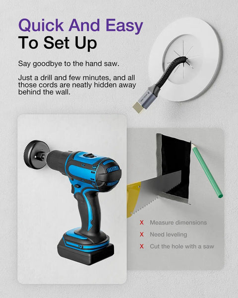 In-Wall Cable Management Kit with Hole Saw Drill Attachment and Mounting Brackets for concealing TV cables in-wall installation