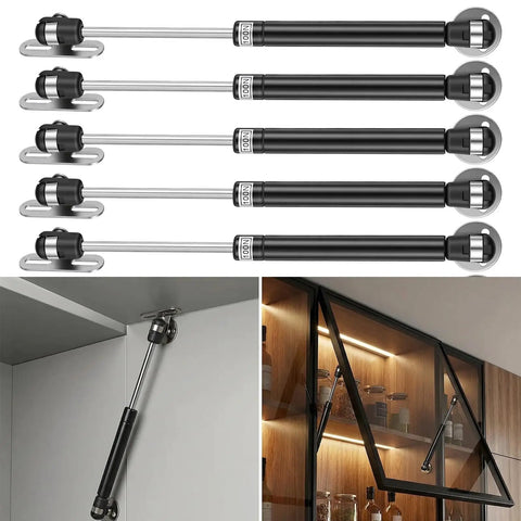 Ten Piece Set Of Heavy Duty 10 Inch Gas Struts For Cabinet Doors And Storage Boxes featuring black pneumatic lift rods.