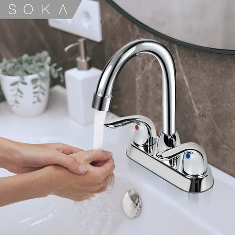 Two Handle Centerset Bathroom Faucet With High Arc Stainless Steel Spout Deck Plate And Pop Up Drain in use