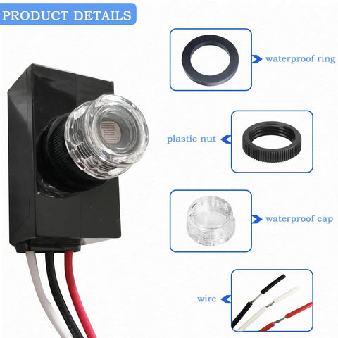 Three Pack Outdoor Photocell Sensor For Dusk To Dawn Lighting No Fuss 120 277V Photoelectric Switch Hardwired Post Light Sensor, waterproof ring