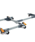 Heavy Duty Mobile Base And Table Saw Extension Combo with swivel casters and foot locked brakes for easy maneuvering.