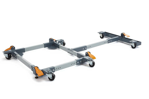 Heavy Duty Mobile Base And Table Saw Extension Combo with swivel casters and foot locked brakes for easy maneuvering.