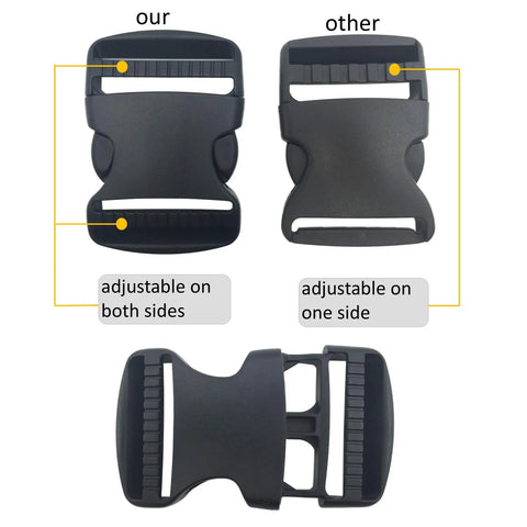 Image of two packs of one point five inch flat side release buckles and tri glide slides for webbing straps and more, showing adjustability.