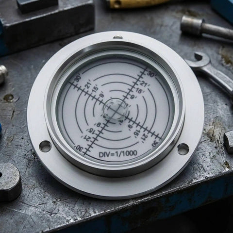 FytStycale Horizontal Circular Bubble Level | 80mm, Flange-Mounted Spirit Level, Precision, on metallic work surface.