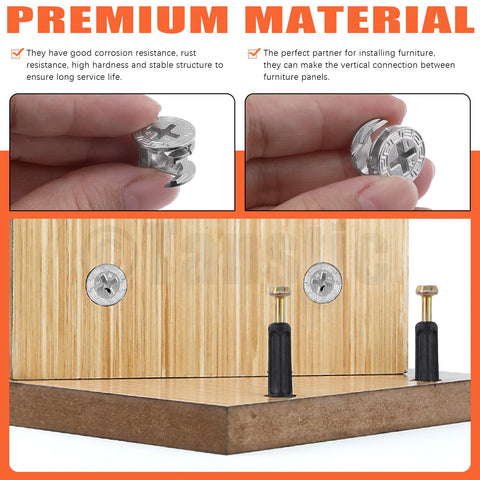 Three In One Furniture Connecting Hardware Kit With Cam Locks And Dowels, 270 Pcs Including Cam Lock Nuts, close-up view of assembly