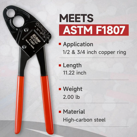 Angle Head PEX Crimping Tool for Copper Rings 1/2 and 3/4 Inch IWS-1234C with ASTM F1807 specification and features