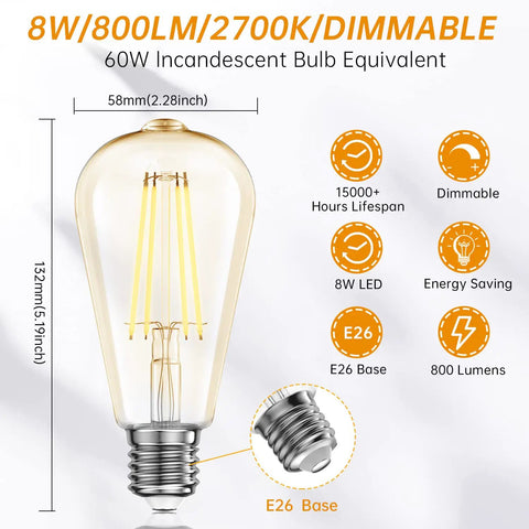 Dimmable LED Edison Bulbs 8W, 60W Equivalent, E26 Filament Vintage Look with specs and features illustration.