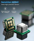 Sensirion SCD41 Swiss high-precision sensor for CO2 monitor with voice alerts, highlighting measuring range and accuracy