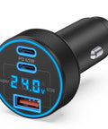 Three Port 130W USB C Car Charger With Voltage Display PPS PD QC Fast Charge For 12 To 24V Vehicles, black with LED display.