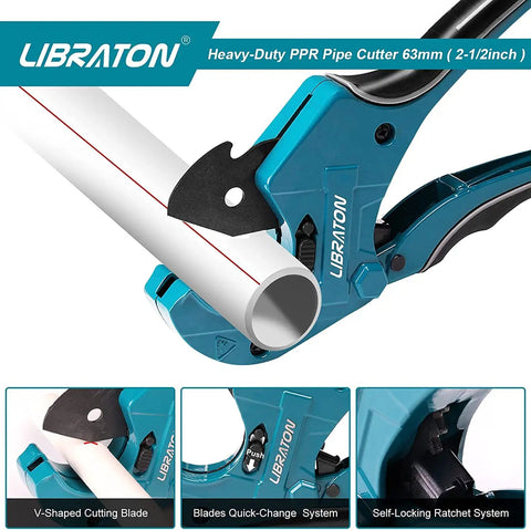 Close-up of Heavy Duty Ratchet Pipe Cutter for PEX PVC and PPR hoses up to two and a half inches with aluminum body and SK5 blade Teflon coated for Beast Pro Grade quick cuts in plumbing projects.