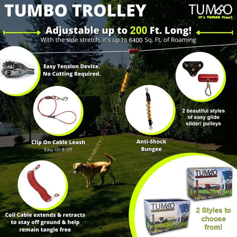 Xtreme Trolley Anti Shock Aerial Dog Runner with heavy duty pulley, backyard zipline kit for dogs, shown in various components.