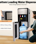 Bottom Loading Water Dispenser With 110V Hot Cold Warm Three Temperature Options and Display Light in use by person refilling water.