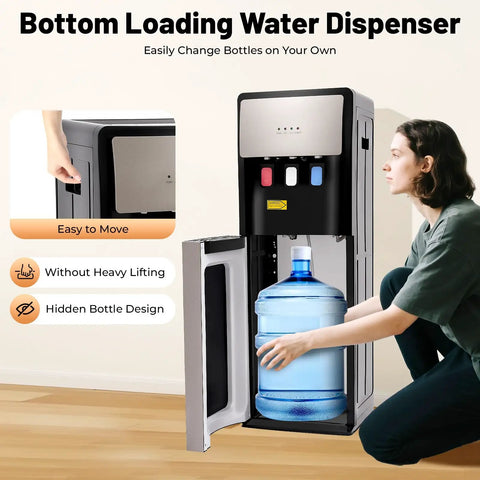 Bottom Loading Water Dispenser With 110V Hot Cold Warm Three Temperature Options and Display Light in use by person refilling water.