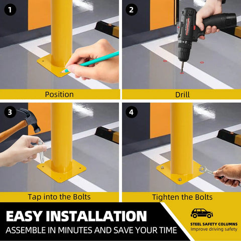 Step-by-step installation of 4 Pack 42 Inch Steel Safety Bollard Posts showing positioning and tightening process.