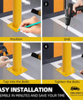 Installation steps for Tough As Nails Six Pack Forty Eight Inch Safety Bollard Posts showing drilling and bolting process.