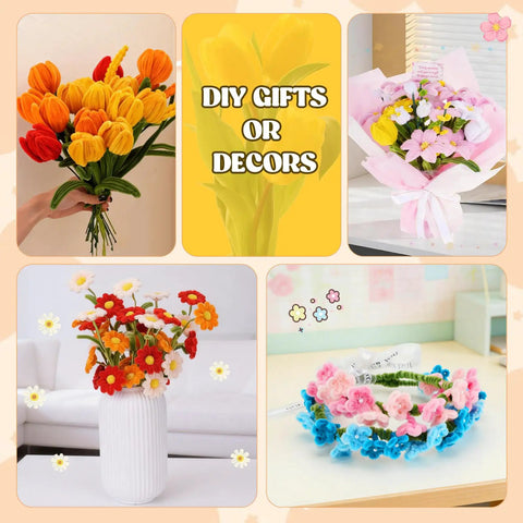 800 Pieces Pipe Cleaners Flower Kit For DIY Crafts With 8 Color Thick Chenille Stems used in various floral craft ideas