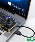Ultra HD 20MP USB3 Camera Module for Computers and Raspberry Pi connected to Windows 10 laptop, 95-degree wide angle lens visible.