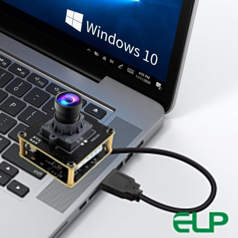 Ultra HD 20MP USB3 Camera Module for Computers and Raspberry Pi connected to Windows 10 laptop, 95-degree wide angle lens visible.