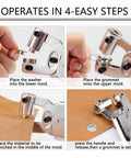 Image showing the One Hand Operation Grommet Kit 3/8 Inch Heavy Duty Handheld Manual Press in use, illustrating a 4-step process with leather material.