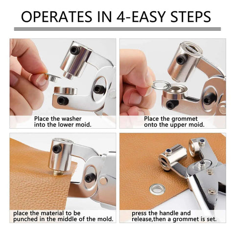 Image showing the One Hand Operation Grommet Kit 3/8 Inch Heavy Duty Handheld Manual Press in use, illustrating a 4-step process with leather material.