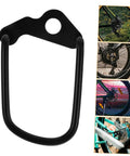 Rear Derailleur Guard And Rack Protector For Mountain Road And Folding Bikes In Black Easy Under Wheel Quick Release Or Fixed Screw Mount Shields Your Derailleur From Scrapes And Impacts On Rough Trails with montage of installed views