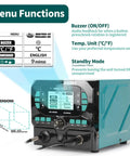 Menu functions of the 992D-II 2-In-1 Precision Soldering Kit with Hot Air Pencil and C210 Soldering Iron, including LCD options.