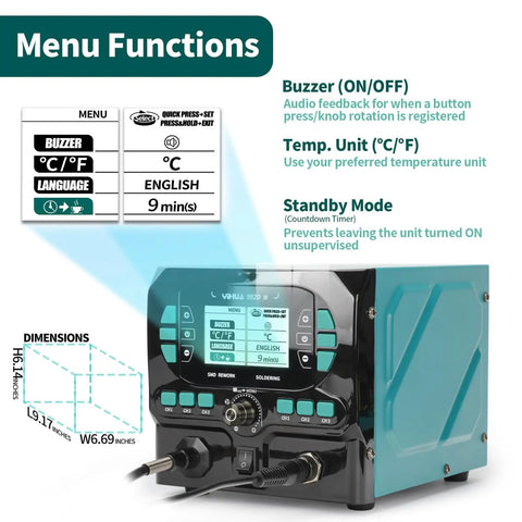 Menu functions of the 992D-II 2-In-1 Precision Soldering Kit with Hot Air Pencil and C210 Soldering Iron, including LCD options.