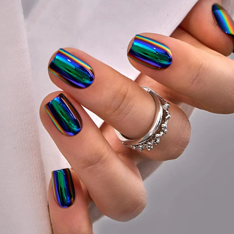 CurvLife Short Square Chrome Press On Nails With Electric Mirage Colorful Finish showing glossy rainbow reflection and layered design.