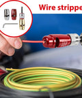 Badass Multifunction Electric Wire Stripper And Crimper Tool Kit Featuring Heat Resistant Aluminum Alloy Construction For Fast Wire Prep Work And Surefire Terminal Crimps showing wire stripper in action with red wire.