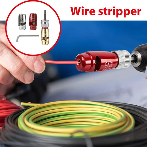 Badass Multifunction Electric Wire Stripper And Crimper Tool Kit Featuring Heat Resistant Aluminum Alloy Construction For Fast Wire Prep Work And Surefire Terminal Crimps showing wire stripper in action with red wire.