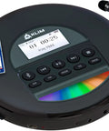 Nomad Portable CD Player Discman with All Day Battery Life On The Go, black design with display and buttons, with earbuds.