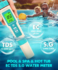 Close-up of 7 in 1 Pool Water Tester Digital Meter With pH Salinity SG ORP TDS EC And Temperature, held near a swimming pool.