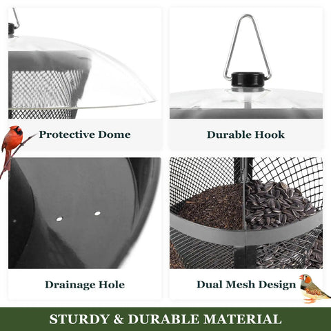 Outdoor Bird Feeder Dual Use Metal Mesh With Weatherproof Dome 2.5 Pound Seed Capacity for finches and cardinals.